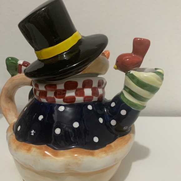 Vintage SNOWMAN Royal Seasons Teapot Red&White Checkered Scarf Red RobinBird - Picture 6 of 13